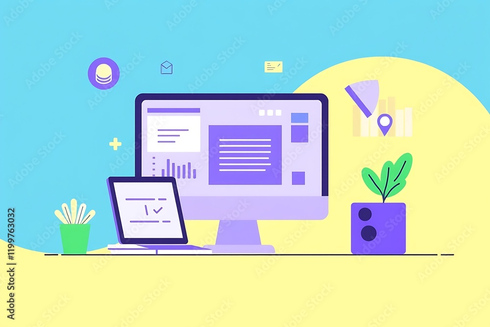 Poster modern workplace essentials: a vibrant illustration depicting a desktop computer and a laptop, both 