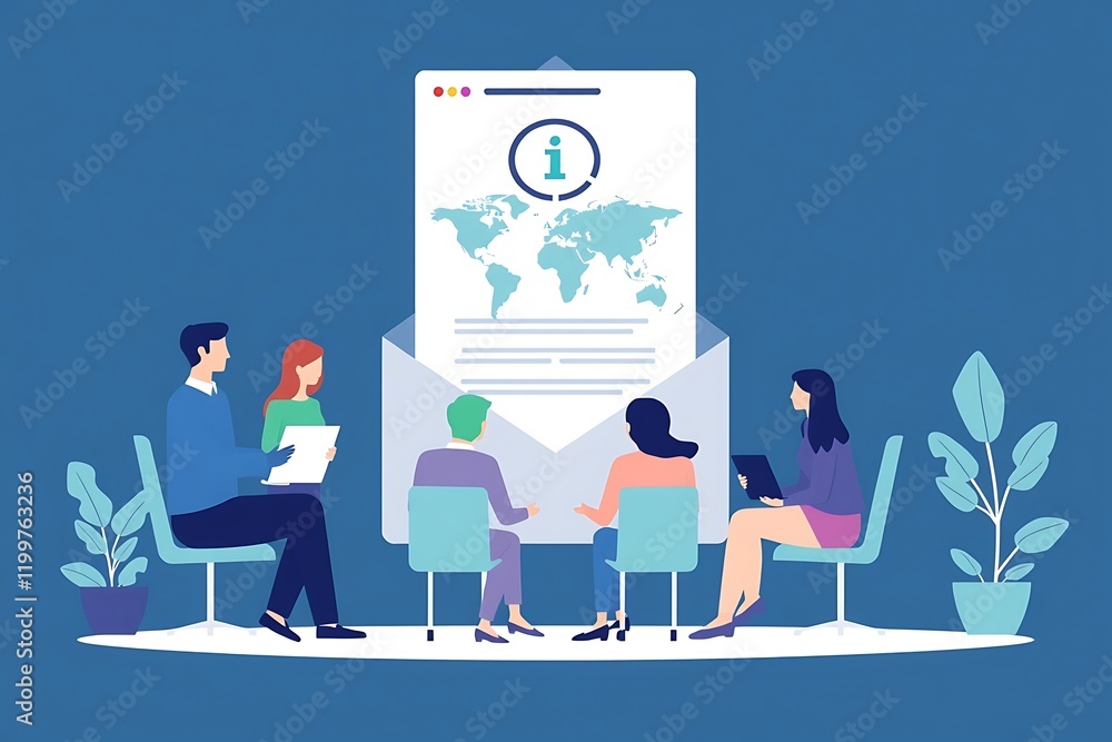 Poster global communication: a diverse team collaborates around a large email, symbolizing international co