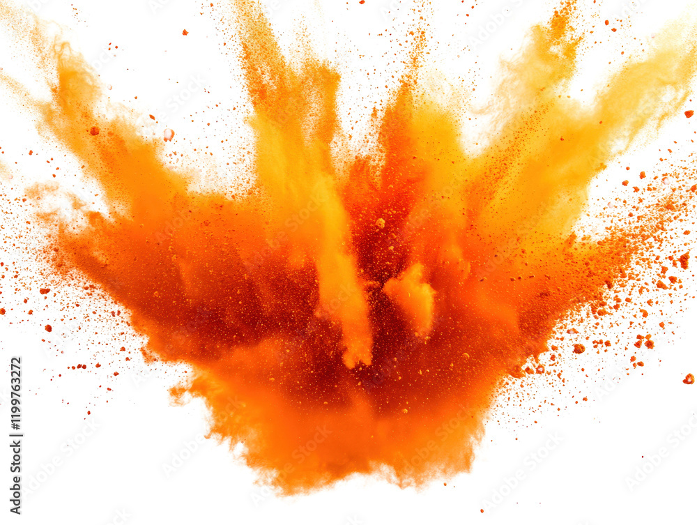 Poster orange powder explosion creating dynamic abstract shape on black background isolated on a white back