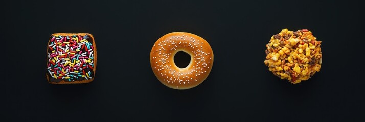 Three assorted donuts on black background; square sprinkles, round sesame, and round crumble.
