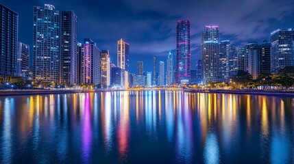Fototapeta premium A modern city with neon lights and colorful skyscrapers reflecting on a sparkling river at night.