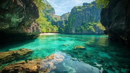 Obraz premium Tranquil Turquoise Lagoon Surrounded by Lush Green Cliffs