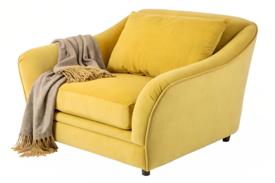 Cozy yellow armchair with soft fabric upholstery on transparent background, modern chair design - Powered by Adobe