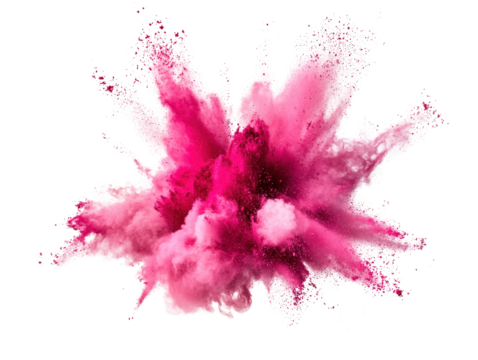 Pink powder explosion on black background creating a vibrant and dynamic visual effect isolated on a white background.