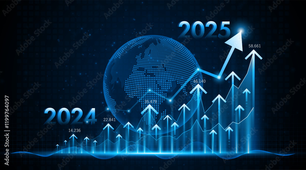 Poster arrow pointing upwards for future company growth in 2024 to 2025. stock market graph with rising can
