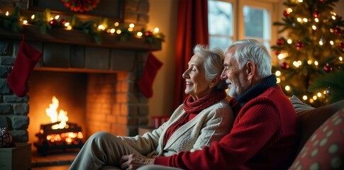 Fototapeta premium Cozy elderly couple enjoying the warmth of a fire during the festive season.