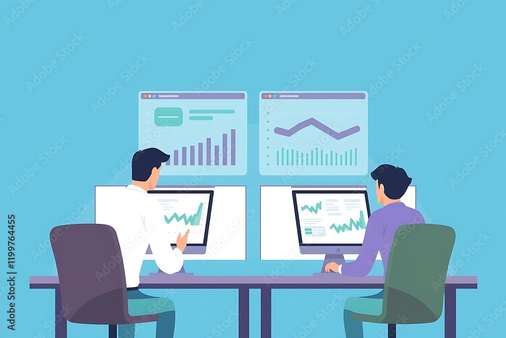 Poster analyzing data: two focused businessmen sit at their desks, analyzing data on their computer screens