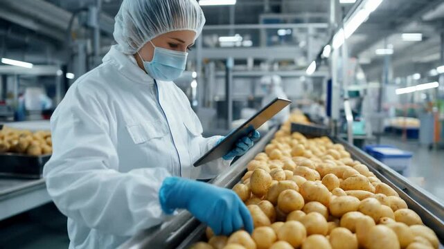A quality control inspector in a protective mask and gloves inspecting potatoes on a conveyor belt in a food processing plant, holding a tablet to record data on product safety