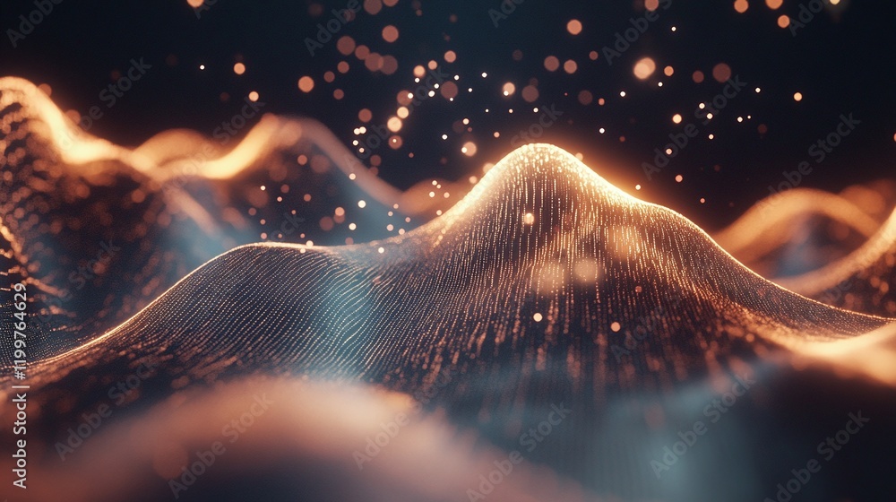 Aufkleber vibrant sound wave patterns radiating from a central point surrounded by glowing particles.