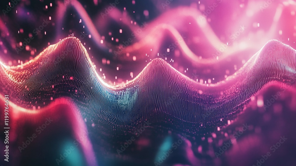 Aufkleber vibrant sound wave patterns radiating from a central point surrounded by glowing particles.
