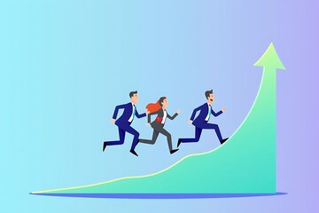 Business Team Ascending: A team of three business professionals, a man and two women, sprint upwards along a green arrow graph, symbolizing their commitment to success and collective growth.  