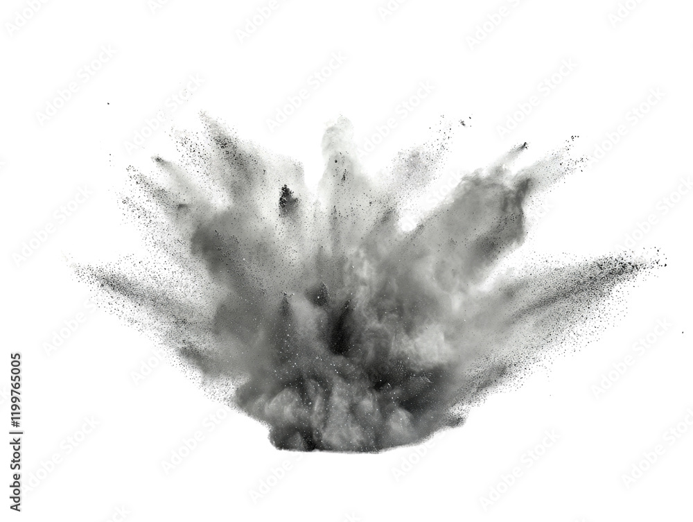 Poster white powder explosion creating dynamic patterns against a black background in high contrast imagery