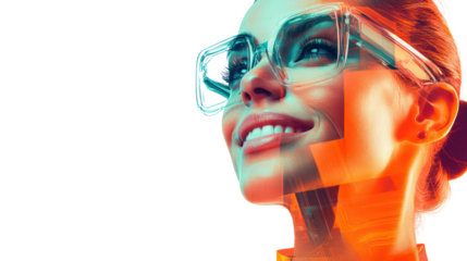 A vibrant portrait of a smiling woman with stylish glasses, showcasing a modern and futuristic aesthetic against a colorful background.