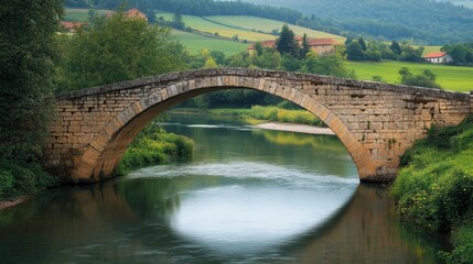 Fototapeta premium Stone Arch Bridge Over Tranquil River in Rural Setting