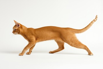 Naklejka premium A playful cat loosening up strides gracefully across a light background, showcasing its elegant form and lively spirit in motion.