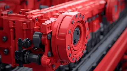 A close-up of a red industrial machinery component showcasing intricate details and mechanical design for engineering applications.