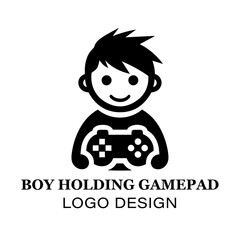  Minimalist Boy Holding Gamepad Logo Design for Gaming Brands, E-Sports Teams, and Video Game Enthusiasts Featuring Clean Black and White Style