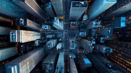 Fototapeta premium Aerial View of Cityscape at Night - Stunning high-angle shot of a city at night, showcasing towering skyscrapers and illuminated streets.