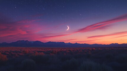 Fototapeta premium Serene Sunset Landscape With Crescent Moon And Stars