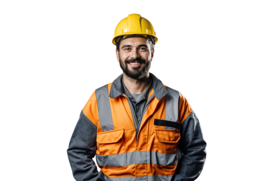 Smiling construction worker wearing helmet, isolated on transparent background