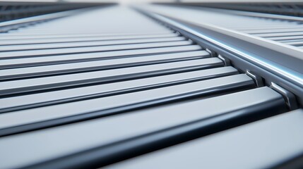 A close-up view of metallic slats, showcasing sleek lines and reflections, emphasizing the industrial design and texture of the surface.