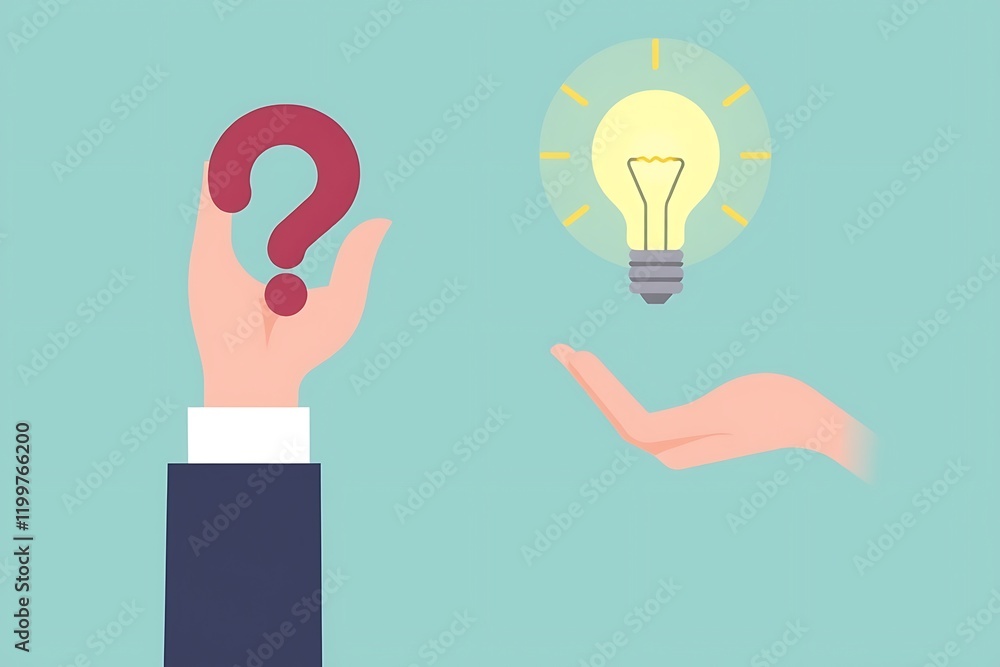 Poster finding solutions: a hand gently cradles a question mark, while another hand offers a glowing lightb