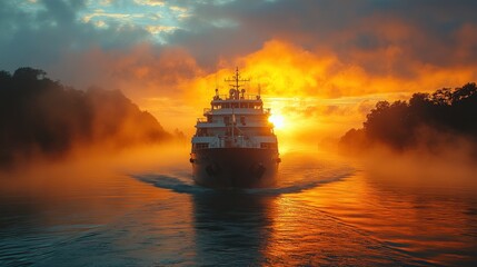 Sunrise, foggy river, ship sailing.
