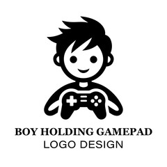  Minimalist Boy Holding Gamepad Logo Design for Gaming Brands, E-Sports Teams, and Video Game Enthusiasts Featuring Clean Black and White Style