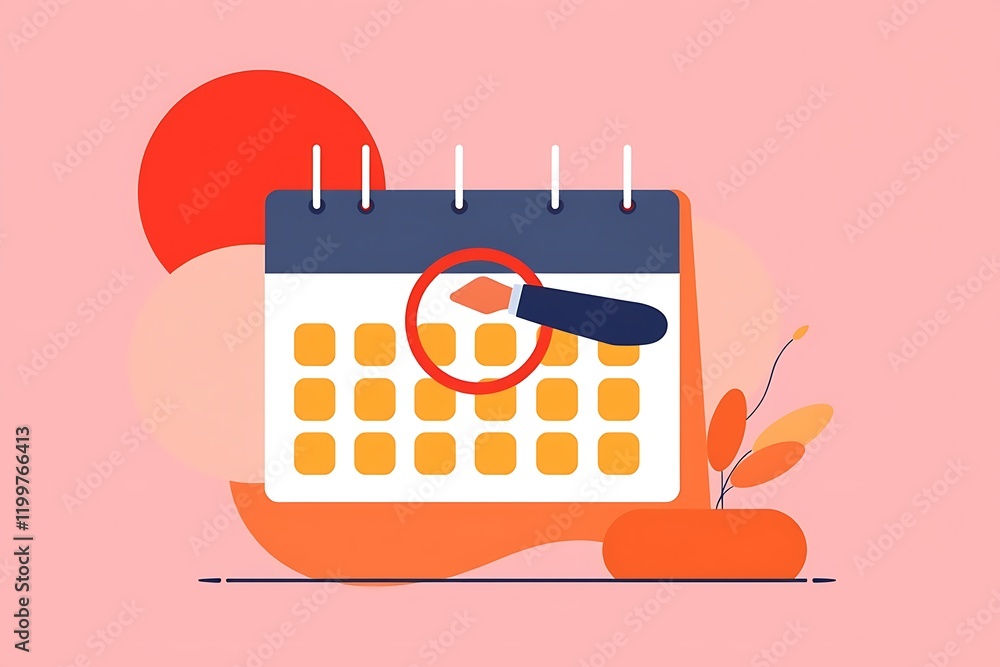 Poster scheduling and planning: a magnifying glass focuses on a specific date on a calendar, highlighting t