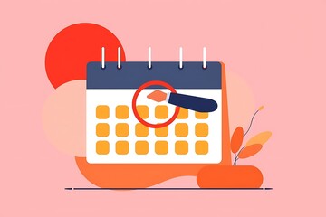 Obraz premium Scheduling and Planning: A magnifying glass focuses on a specific date on a calendar, highlighting the importance of scheduling and planning. The illustration uses a modern.