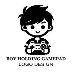  Minimalist Boy Holding Gamepad Logo Design for Gaming Brands, E-Sports Teams, and Video Game Enthusiasts Featuring Clean Black and White Style