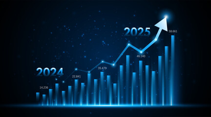 Arrow pointing upwards for future company growth in 2024 to 2025. Stock market graph with rising candles. Ideas for growing a profitable business or investment	