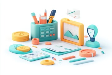 A colorful collection of stationery items and office supplies arranged on a desk, featuring pens, a calculator, and a picture frame.