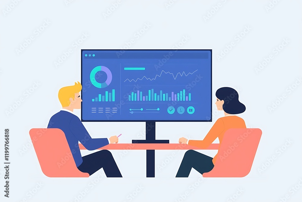 Aufkleber data analysis meeting: two colleagues collaborate, reviewing data visualizations on a large monitor 