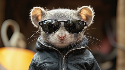 Stylish animal wearing sunglasses and a black jacket poses confidently in a casual setting