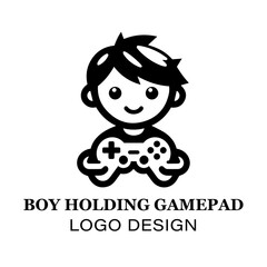  Minimalist Boy Holding Gamepad Logo Design for Gaming Brands, E-Sports Teams, and Video Game Enthusiasts Featuring Clean Black and White Style