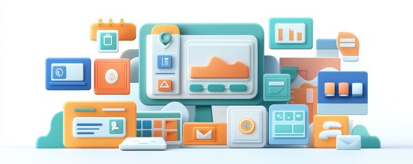 A colorful digital illustration of various user interface elements, including graphs, charts, and icons, representing data visualization and technology.