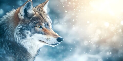 Obraz premium A close-up portrait of a wolf with a snowy background, showcasing details of its fur and a soft, glowing atmosphere. Concept Close-up Wolf Portrait, Snowy Background, Detailed Fur Texture