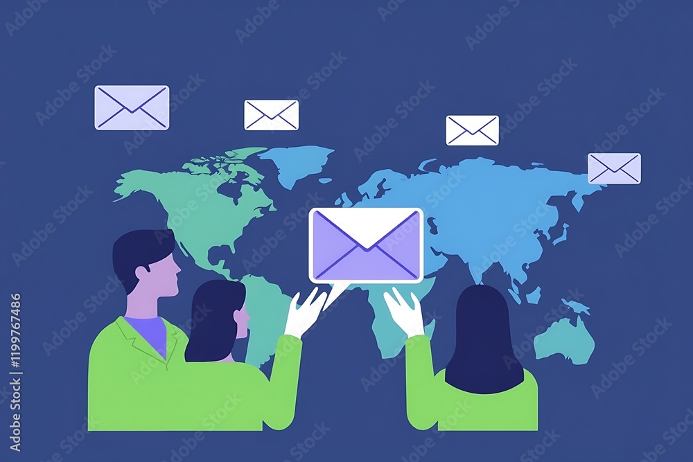 Poster global communication: a stylized illustration depicting three individuals collaborating on a global 