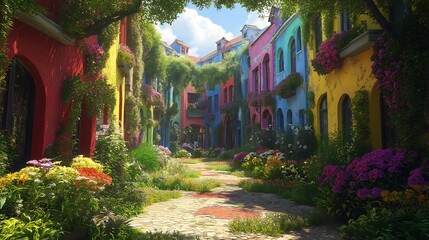 Fototapeta premium An urban park surrounded by vividly painted buildings, with colorful flowers and pathways.