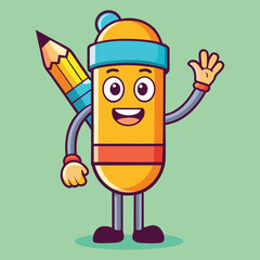 Cute Pencil Waving Hand Cartoon Icon Illustration
