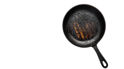 Old, burnt frying pan with charred surface, isolated on a white background. Perfect for cooking failure or kitchen disaster concepts.