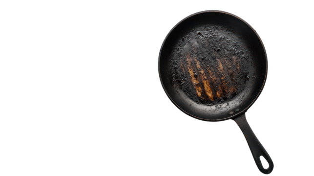 Old, burnt frying pan with charred surface, isolated on a white background. Perfect for cooking failure or kitchen disaster concepts.