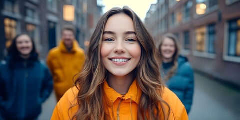 A smiling young woman in an orange jacket stands in front of three friends, all outdoors in a city setting. Concept Outdoor Group Photography, Smiling Friends, Urban Background, Stylish Fashion