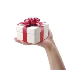 A hand offering a white gift box tied with a red ribbon a perfect present for any occasion