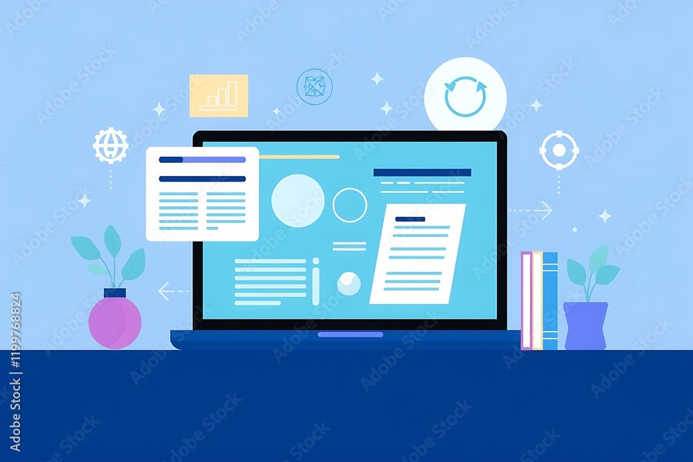 Poster online learning and data analysis: a laptop displays data analysis charts and documents, symbolizing