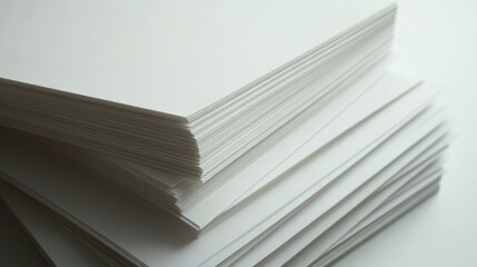 Multiple white papers neatly stacked on a flat table, suggesting organization and storage for documents or files.