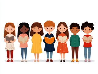 Diverse children reading books happily.