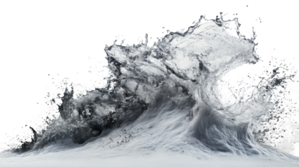 Dynamic wave crashing with splashes and mist, captured in high detail against a black background.