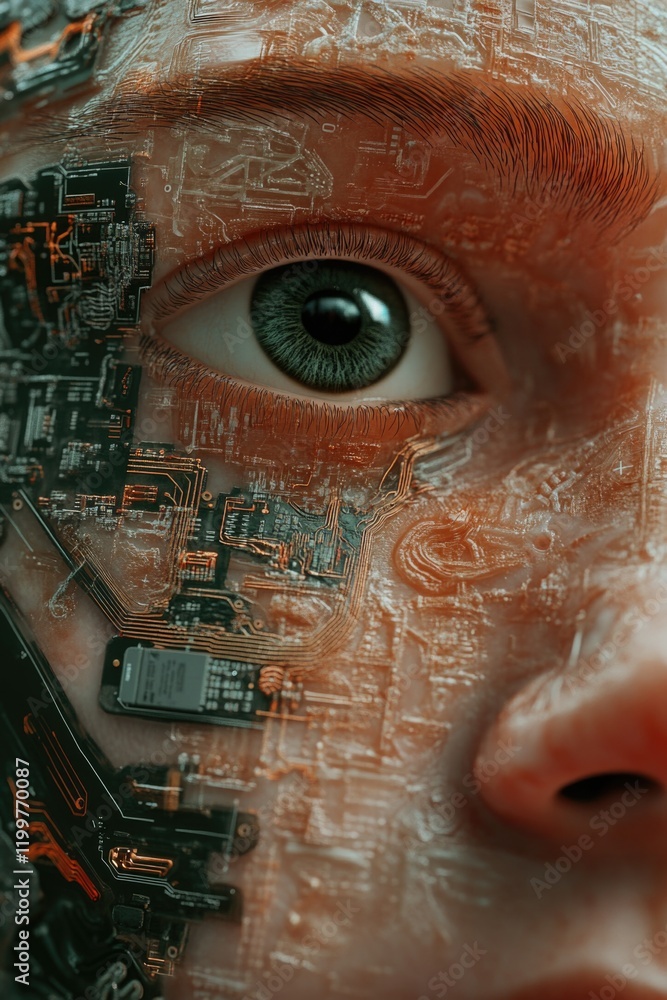 Poster closeup of a person's face with digital circuit patterns overlaying the skin.